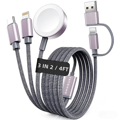3-in-2 Charging Cable for Apple Watch USB-C Multi Charging Cable for iWatch Ultra/SE/11/10/9/8/7/6/5/4/3/2/1 iPhone 17–11/Galaxy S23 1.25 m for Camping Travel Outdoors Watch Stand