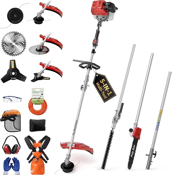 52CC Gas Powered Weed Eater & 5-in-1 Multi-Tool - Heavy Duty Brush Cutter, 18" String Trimmer, 16" Hedge Trimmer, Pole Saw & & 40-Inch Extension for Professional Yard Care (Red)
