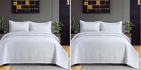 Tribeca Living Oversized Plain Twin Quilt Set, Two-Piece Box Stitch Soft Bedding Set Includes One Quilt & One Sham Pillowcase, Wrinkle Resistant 110GSM Microfiber Naples/White (Pack of 2)