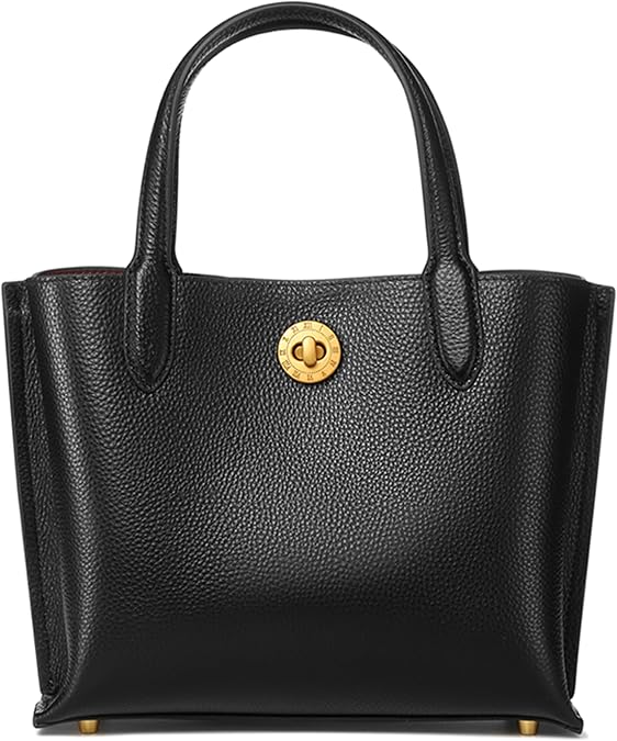 Genuine Leather Tote Bag Top Handle Women's Handbags Medium Size Purses for Women Black Satchel Bags for Women with Gold Hardware