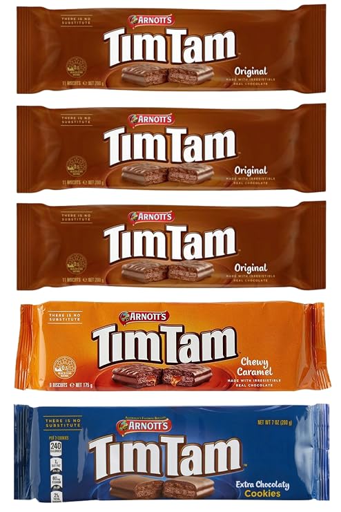 Delicious Aussie Simpler - Tim Tam Chocolate Biscuits VALUE 5 PACK - 3 Original, 1 Chewy Caramel, 1 Extra Chocolaty, Authentic Australian Yummy Flavor Twist in Every Bite!