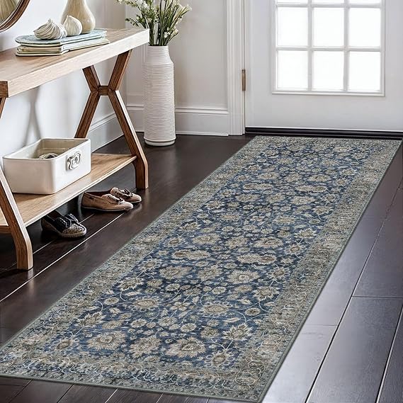 KOZYFLY Vintage Runners for Hallways 2x6 Blue Washable Runner Rug | Non-Slip, Non-Shedding, Low Pile Soft, Floral Distressed, For Hallways Kitchen Entryway Bathroom Laundry Bedroom Foyer