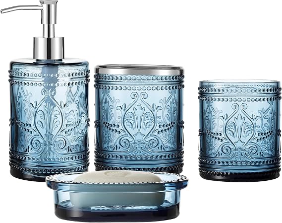 4PCs Teal Blue Glass Bathroom Accessories Set with Decorative Pressed Pattern - Includes Hand Soap Dispenser & Tumbler & Soap Dish & Toothbrush Holder (Dark Blue)