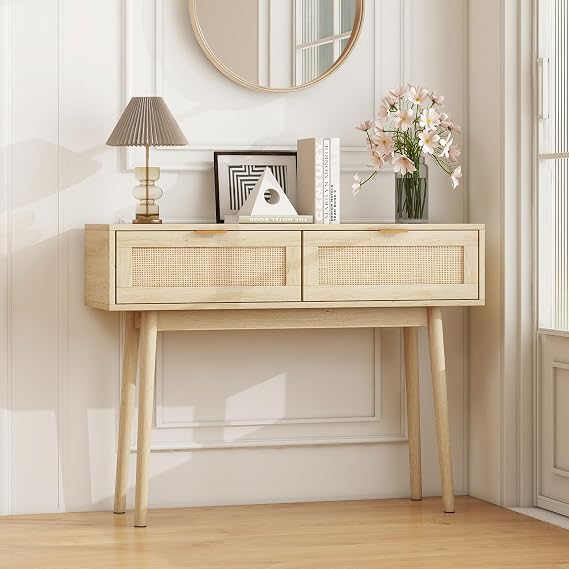 Rattan Console Table with 2 Drawer, Boho Narrow Sofa