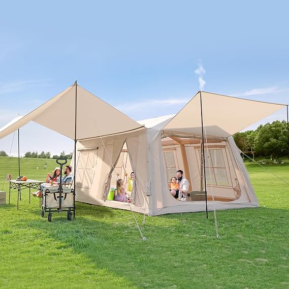 MOPHOTO Inflatable Tents for Camping, Large Blow Up Tent with Hand Pump, Easy Setup Family Tent 4 Season Tent, Waterproof Oxford Air Glamping Tents 4/6/8/10/12 Person(With a Canopy)