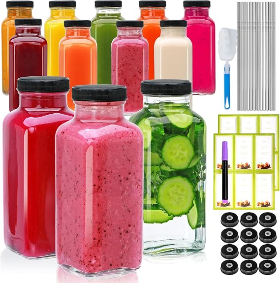 Maredash 12oz Glass Bottles with lids,juice bottles gifts for women,glass bottles with lids,glass water bottles. Kit includes Stainless Steels Straws,Two Types of Lids,Cleaning Brush 12pcs