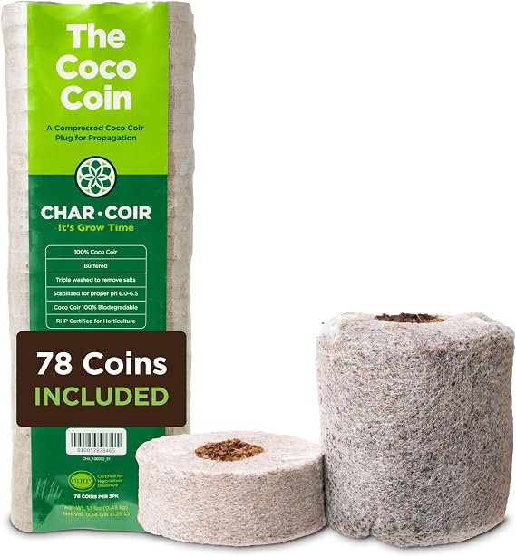 Char Coir Coco Coin, 100% RHP Certified Coco Coir Seed, Clone Propagtion Plugs, Buffered, pH Stable, Low EC, Triple Washed, for Flowers, Vegetables, Herbs and Hydroponic Systems, 78 Plugs