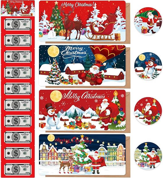 クリスマスパーティーギフト 4パック クリスマスマネーホルダー 紙幣入れ10個とカードスロット4個付き サプライズキャッシュギフトカードホルダー 封筒付き 子供/大人向け 楽しいお金のアイデアを与える方法