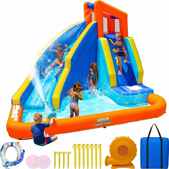 Sportspower Big Wave II Large Outdoor Inflatable Water Slide with Climbing Wall & Splash Pool, Heavy Duty, ASTM Certified, on 400W Blower
