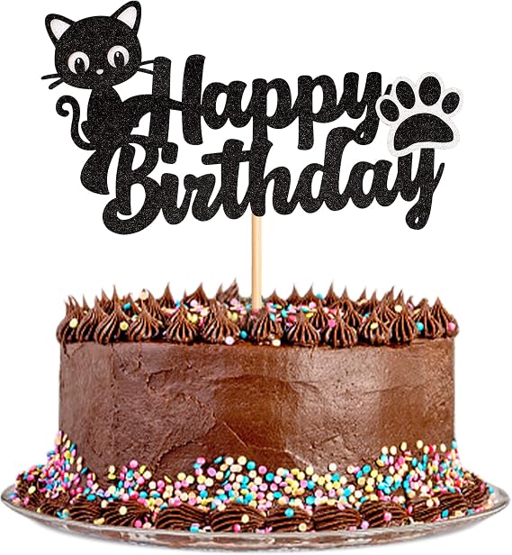 1Pcs Kitty Birthday Cake Topper Black Glitter Kitten Baby Birthday Cake Picks for Cat Lover Baby Shower Kids Pet Cat Birthday Cake Decorations Kitty Pet Party Supplies