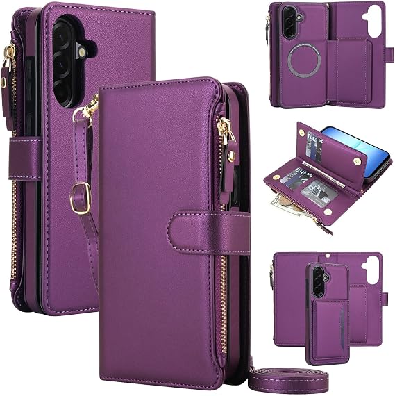 Generic case Compatible with Samsung Galaxy A16 5G (Color : Darkpurple) Removable Leather Wallet flip Back Case with Shoulder Strap