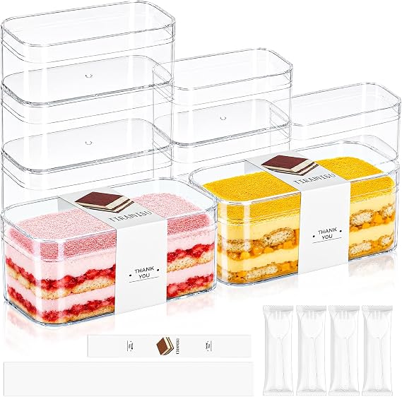 25 Pack Rectangle Dessert Cups with Lid & Spoon, 250ml Reusable Dessert Pot