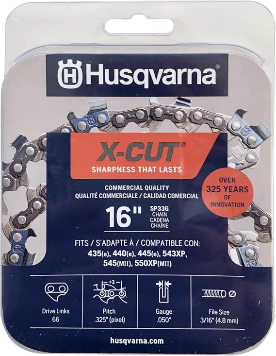Husqvarna X-Cut SP33G 16 Inch Chainsaw Chain, 325" Pitch, 050" Gauge, 66 Drive Links, Pre-Stretched Chainsaw Blade Replacement with Superior Lubrication and Low Kickback,Grey