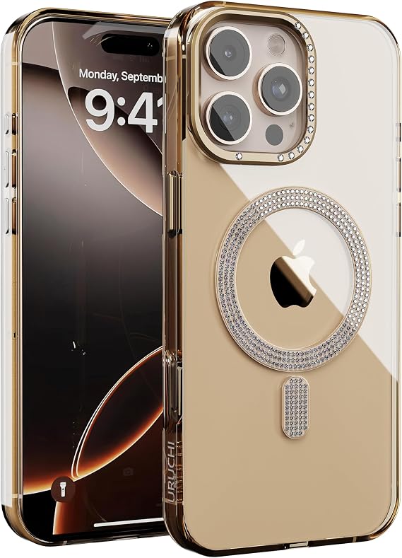 URUCHI iPhone 15 Pro Max ile Uyumlu Şeffaf Taşlı Mag-Safe Kılıf – Sert Mika Sararmaz Kılıf, N52 Güçlü Mıknatıs, Bağımsız Tuşlar, Lüks Kristal Tasarım (Desert, iPhone 15 Pro Max)