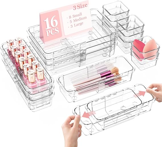 16 Pcs Clear Extendable Drawer Organizer, Adjustable Drawer Storage 3-Size Desk Drawer Organizer, Plastic Non-Slip Storage Bins for Makeup, Cosmetic, Jewelries, Utensils, Stationery, Dressers
