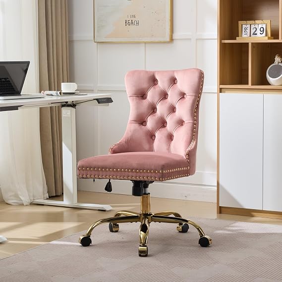 extrasleep Office Chair with Velvet Upholstered Tufted Button, Swivel Office Chairs with Adjustable, Home Office Desk Chair with Golden Base, Velvet Vanity Chair for Offices Bedroom, Pink