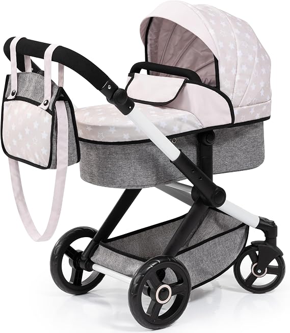 Bayer Baby Dolls Pram XEO - Convertible Doll Pushchair, Carrycot & Changing Bag - Foldable Stroller with Adjustable Handle Height for Girls, Tall Dolls Pram for 6 Years Plus, 3-5 Year Olds
