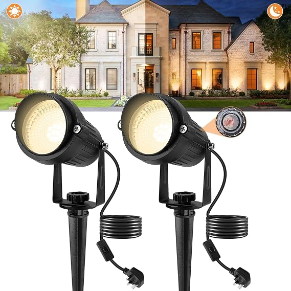 Warm White Garden Spot Lights with Photocell Sensor, Waterproof, 2 Pack [Energy Class F]