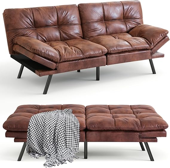 71" Futon Sofa Bed, Memory Foam Convertible Faux Leather Futon Couch Beds with Adjustable Armrest Backrest, Multi-Functional Folding Sleeper Sofa Bed for Living Room, Apartment, Brown