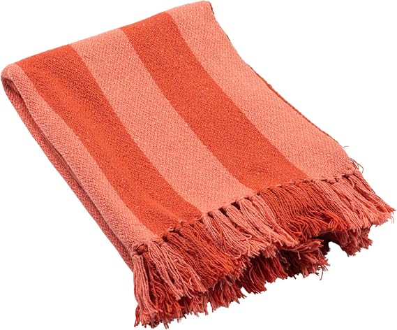 Creative Co-Op Woven Cotton Blend Throw with Stripes and Fringes, Red and Pink