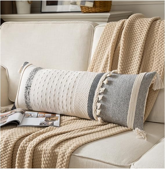 Caflife Boho Lumbar Throw Pillow Cover 14X36 Long Decorative Pillows for Bed, Black Beige Woven Body Pillow Cover for Farmhouse Chair Sofa Bedroom Living Room Home Decor Couch Cushion Case, Pack of 1