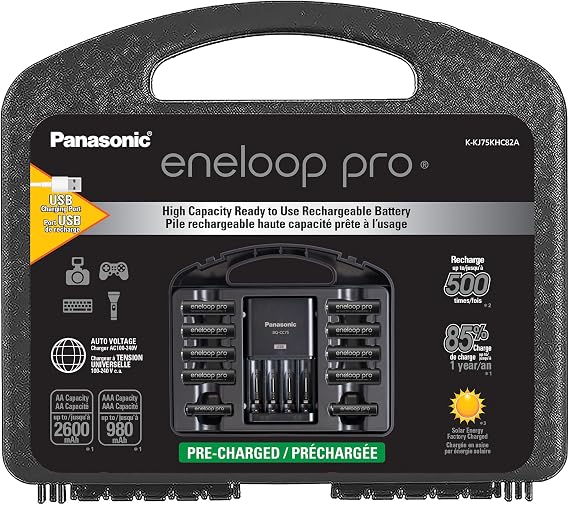 Panasonic K-KJ75KHC82A eneloop pro High Capacity Rechargeable Batteries Power Pack 8AA, 2AAA, Advanced Battery Charger with USB Charging Port and Plastic Storage Case