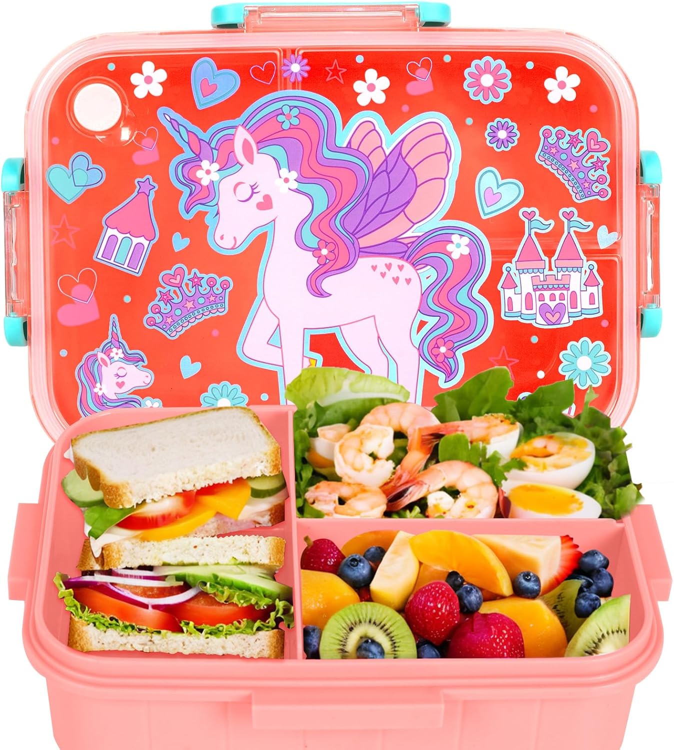 PinkSheep Bento Lunch Boxes for Kids, 1200 ml BPA-Free Leak-Proof Children Food Containers with 3 Compartments for Boys Girls (Unicorn)