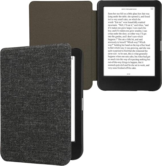 kwmobile Case Compatible with Kobo Clara BW/Colour - Book Style Fabric e-Reader Cover Flip Folio Case - Dark Grey