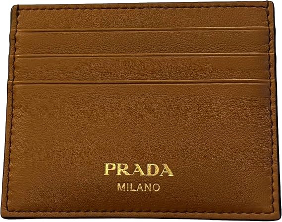 Prada Soft Grain Leather Card Holder Caramel Gold Logo New