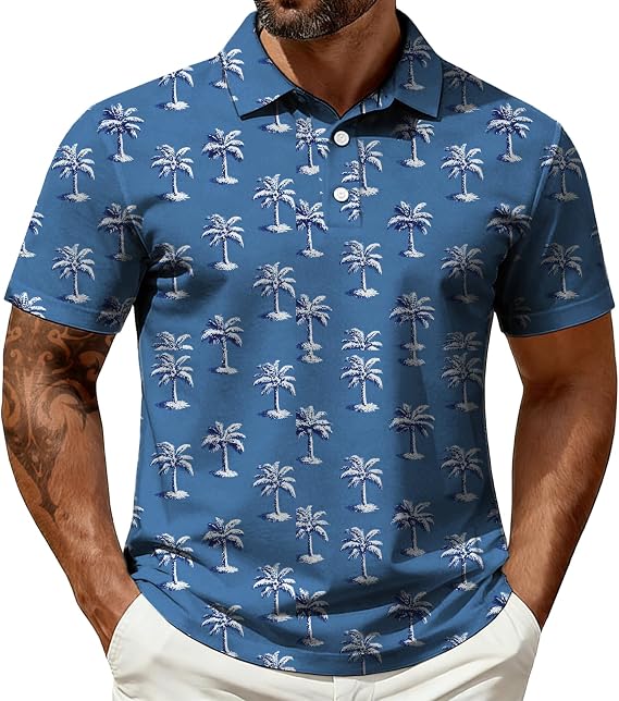 Men's Hawaiian Golf Polo Shirts Short Sleeve V Neck Funny Polo for Golf Casual Beach Vacation Shirts with Collar