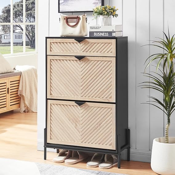 Shoe Cabinet with 2 Flip Drawers, Narrow Entryway Rack, Oak&Black