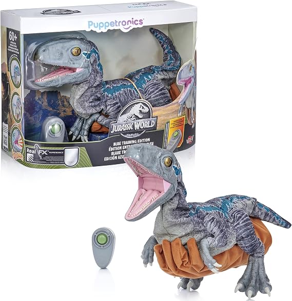Wow! Stuff: Jurassic World Blue Training Edition Puppetronic by RealFX - Interactive Baby Raptor, 60+ Actions & Sounds, 22" Dinosaur Toy, Ages 8+