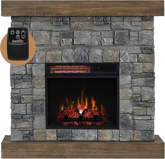 Modern Ember - Raeford Electric Fireplace Mantel, 40 Fireplace Mantel with 18 Fireplace Insert, Electric Fireplace with Mantel & Stone Brick Surround, Heats up to 1,000 sq.ft., 40"L x 40"H x 11.5"D