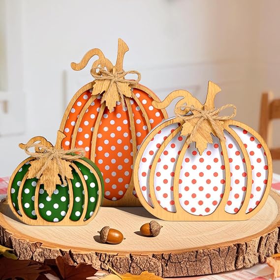 OLANRUN Fall Decor, Fall Thanksgiving Pumpkin Decorations for Home, 3-Piece Wooden Pumpkins Autumn Table Decor for Tiered Tray, Mantel, Shelf, Office Pumpkin Decorations