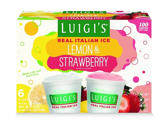 Luigi's Real Italian Ice, Lemon and Strawberry Variety Pack, 6 Ounce, 6 Count (Frozen)