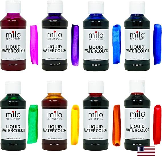 milo Liquid Watercolor Paint Set, 8 Primary Colors, 4 oz Bottles | Washable, Safe and AP Non-Toxic, Made in USA, Arts & Crafts Paints for School Supplies, Easy-to-Pour Fluid Bottles