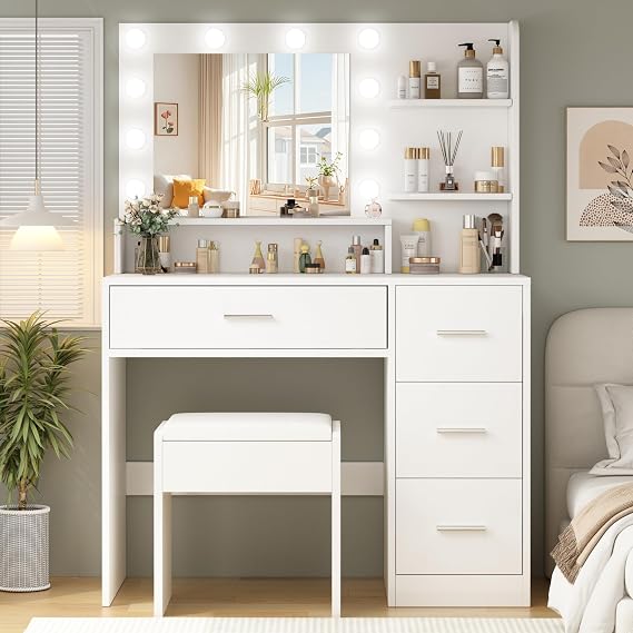 OTOQS Makeup Vanity Desk with Mirror and Light,Dressing Table Set