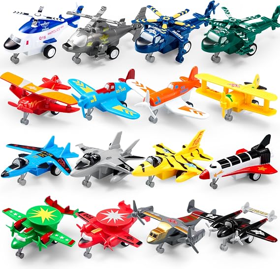 JOYIN 16 Pcs Pull Back Airplane Toys, Boys Plane Playset, Aircraft Incl Helicopter, Fighter, Bomber, Gifts for Kids 3+ Years Old, Treasure Box Toys for Classroom