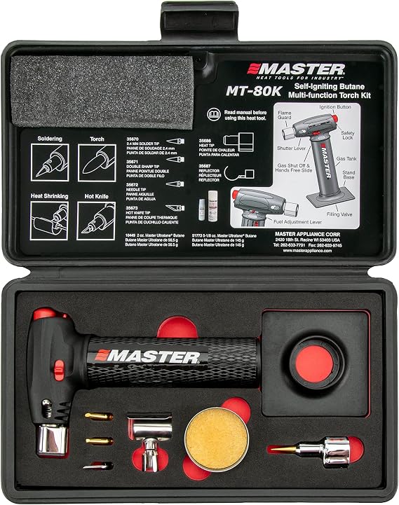 Master Appliance MT-80K Butane Micro Torch Kit [Butane Torch, Flameless Heat Tool, Soldering Iron & Hot Knife] Hand Held, Refillable with Butane Fuel, Adjustable Flame, Case with Attachments