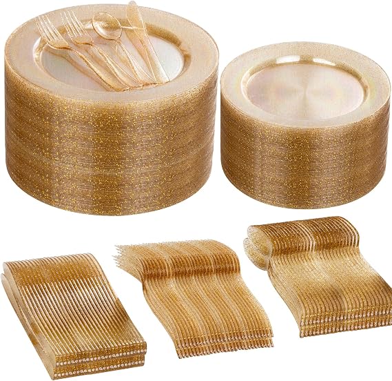 I00000 600Pcs Gold Glitter Plastic Plates for 100 Guests, Plastic Dinnerware Set of 100 Glitter Disposable Plates, 100 Dessert Plates, 200 Forks, 100 Knives and 100 Spoons Perfect for Party & Wedding