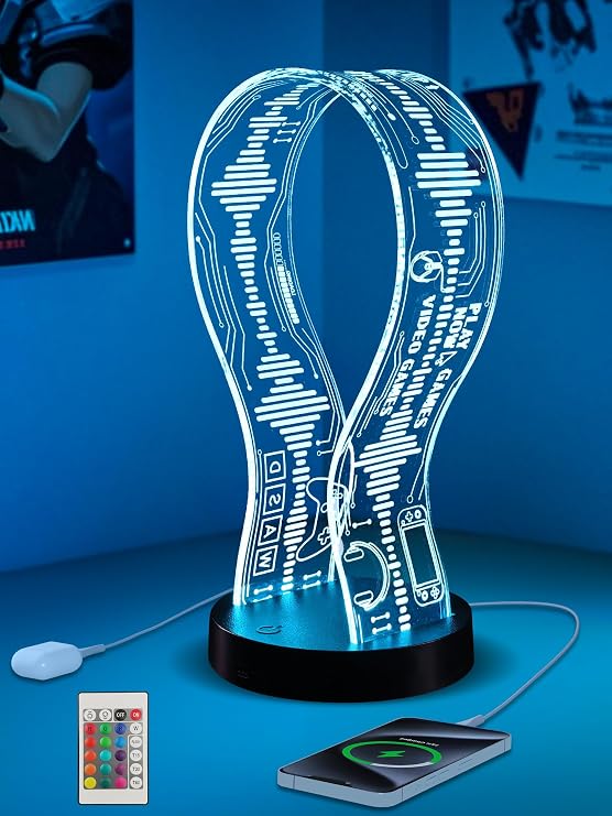 CoolGift Mart Luminous Headphone Stand with 16 Color Lights Acrylic Gaming Headset Stand with 1 USB and 1 Type-C Charging Port Gift for Gamer Men and Music Lovers