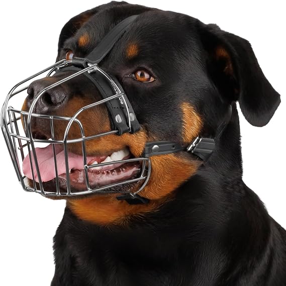 BRONZEDOG Dog Muzzle Adjustable Durable Metal Wire Basket for Large and Extra Large Dogs with Leather Straps Breathable, Drinkable, Training, Prevents Biting