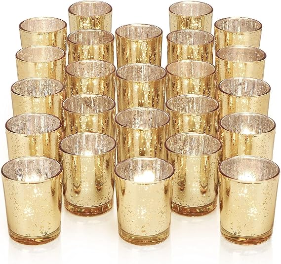 24 Pcs Gold Tea Lights Candles Holders for Wedding Centerpieces | Votive Candle Holders for Party Home Wedding Shower Decorations, Table - Mercury Glass Votives