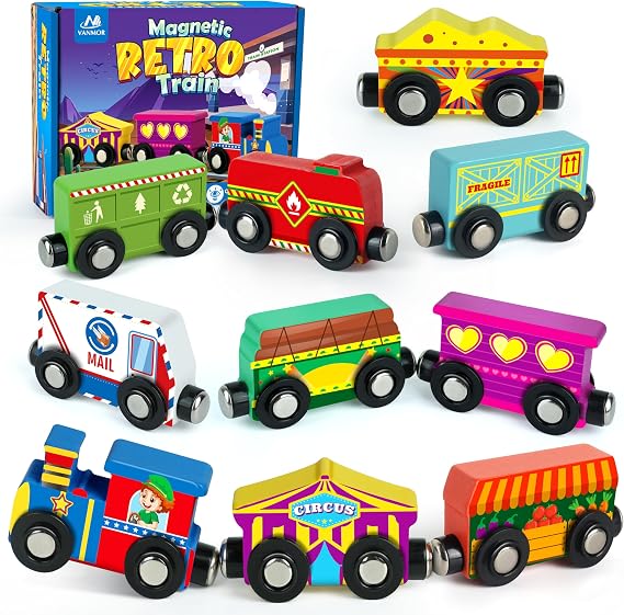 Vanmor Wooden Magnetic Train Set for Toddlers,10-Piece Educational Toy Cars with Magnets, Includes Storage Bag, Fine Motor Skills Educational Toys, Christmas Stocking Stuffer Toddler Boy Girl Gifts