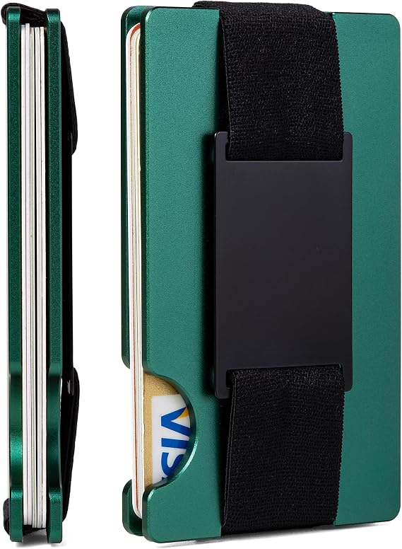 Minimalist Wallet for Men,Slim RFID Blocking Wallet,Durable Expandable Compact Plate, Matel Credit Card Holder,Cash Strap/Money Clip (Matte Forest Green)