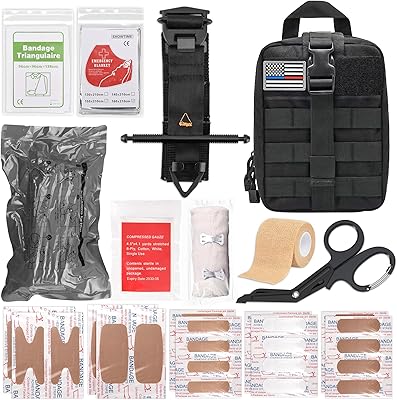 IFAK Trauma Kit with Tourniquet, 4-Inch Israeli Bandage, Splint, Tactical First Aid Kit for Car, Camping, Hiking and Travel with Molle Bag Black