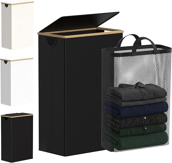 efluky Slim Laundry Basket with Lid, Tall Narrow Washing Basket for Laundry, Folding Small Slimline Laundry Baskets for Dirty Clothes, 63L Cloth Storage Basket