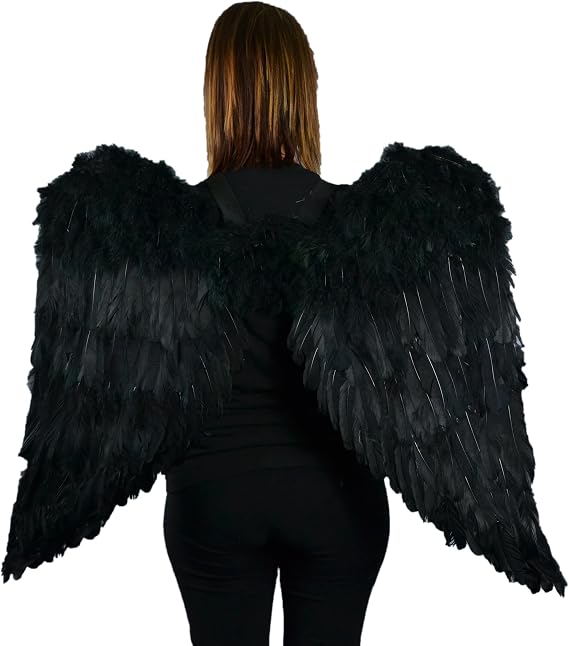 Black Adult Angel Wings - 43" by 27" - Halo Included - Black Feather Wing - Costume Wings - Large Angel Wings