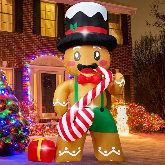 8 FT Christmas Inflatables Decorations with Built-in LEDs, Gingerbread Man Playing Candy Cane Saxophone Blow-Up Christmas Inflatable Yard Decoration with Gift Box for Outdoor Indoor Holiday Display