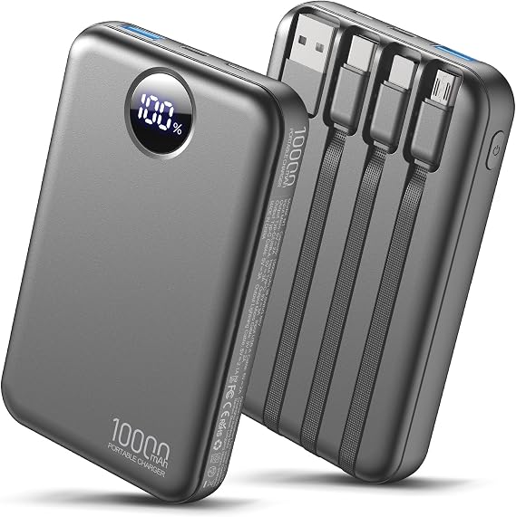 Portable Charger 10000mAh with 4 Built-in Cables 40% Smaller (Ebony)